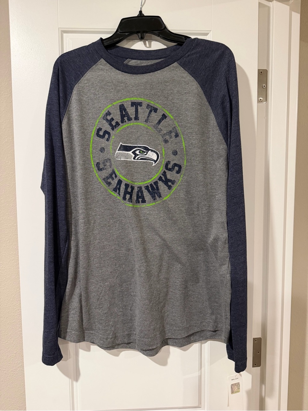 NFL Seattle Seahawks Long-Sleeve Raglan Tee in Gray, Navy & Green Accent